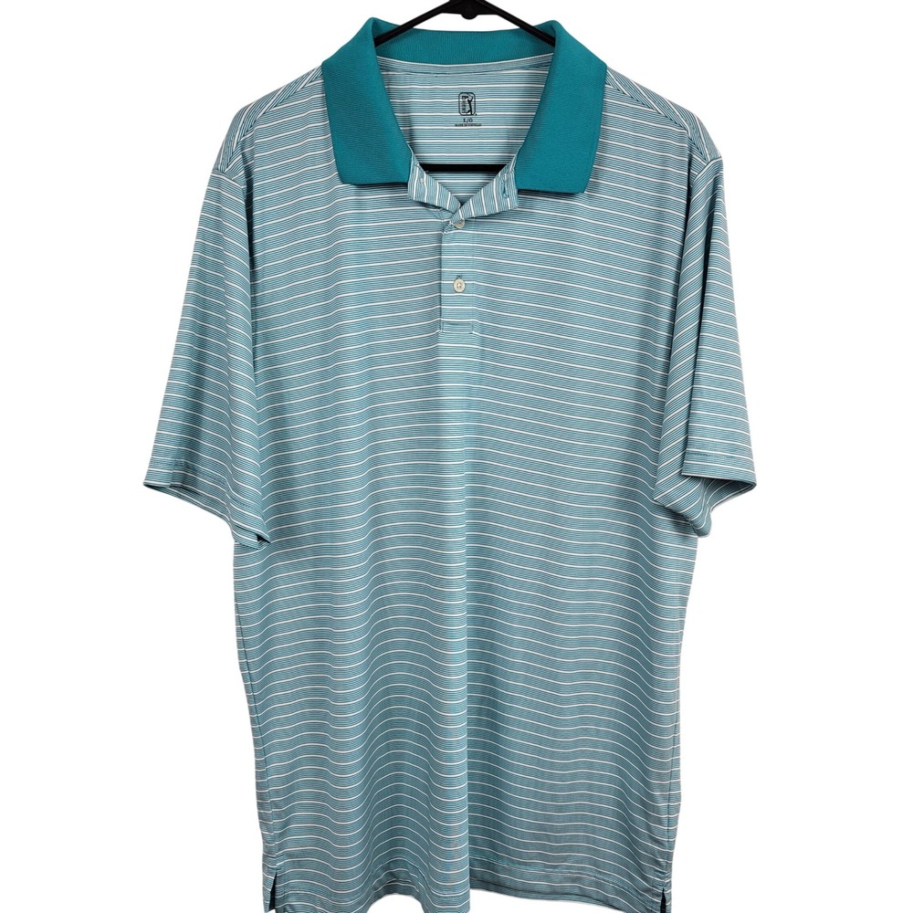 PGA Tour Golf Polo Shirt Mens L Blue Striped Performance Short Sleeve
